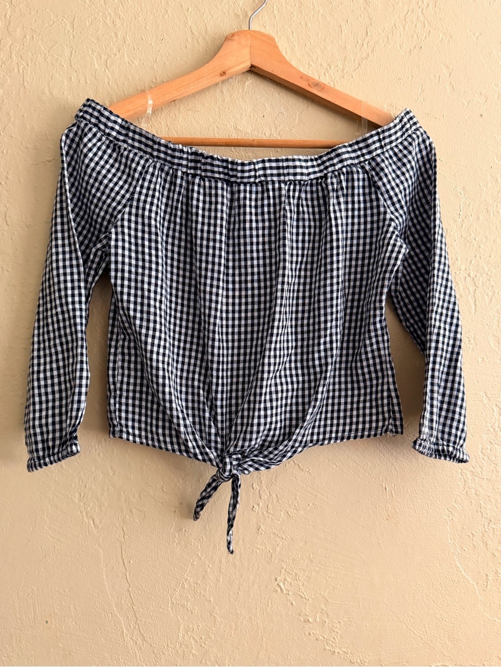 Black & White Gingham Off-Shoulder Tie-Front Crop Top